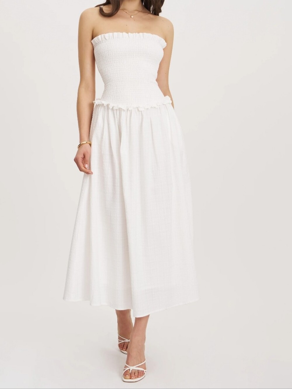#823 Quadiya White Cotton Seersucker Smocked Strapless Midi Dress
